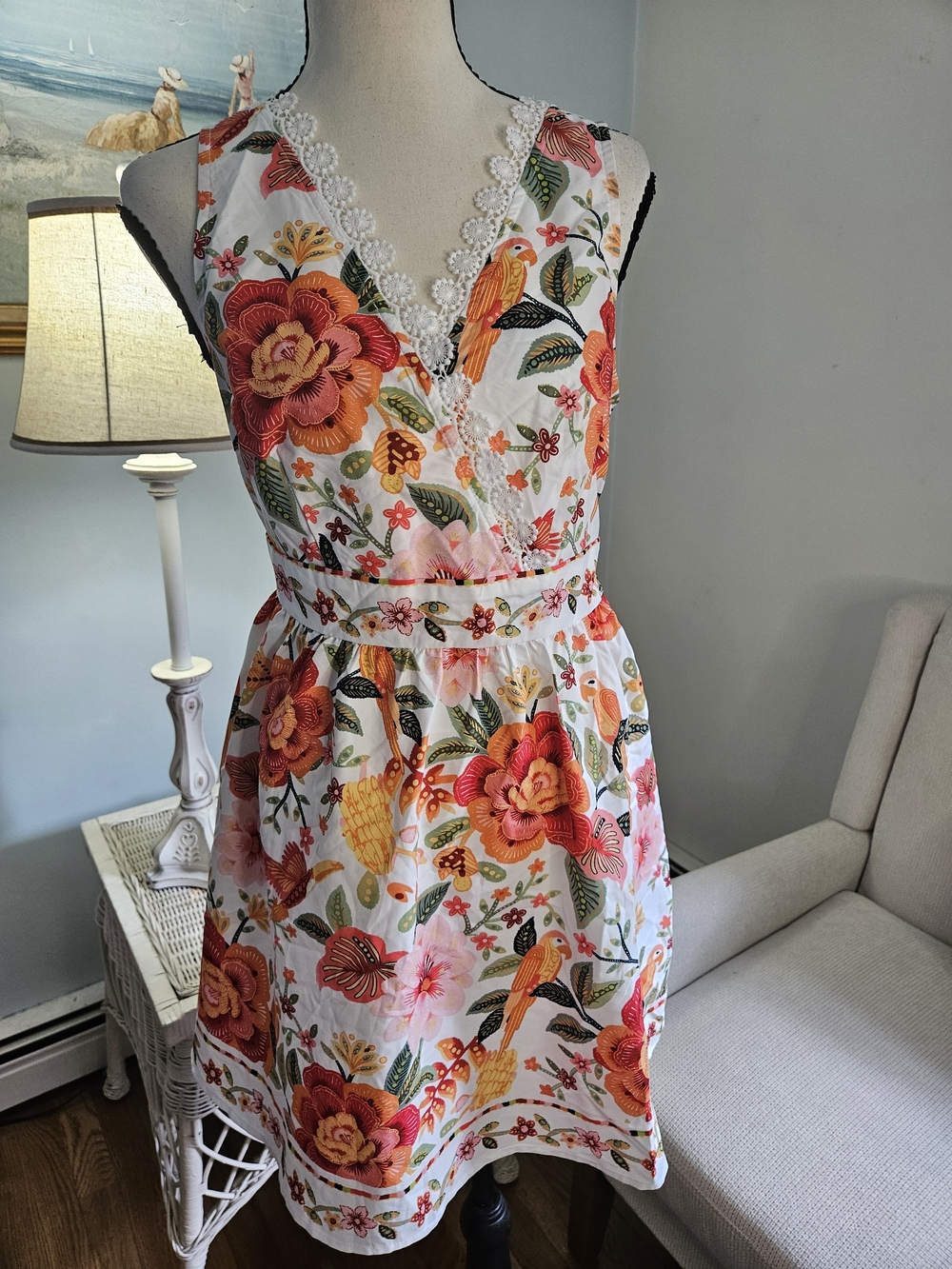 Cupshe White Floral Lace-Trim V-Neck Sundress. Vacation Beach.
